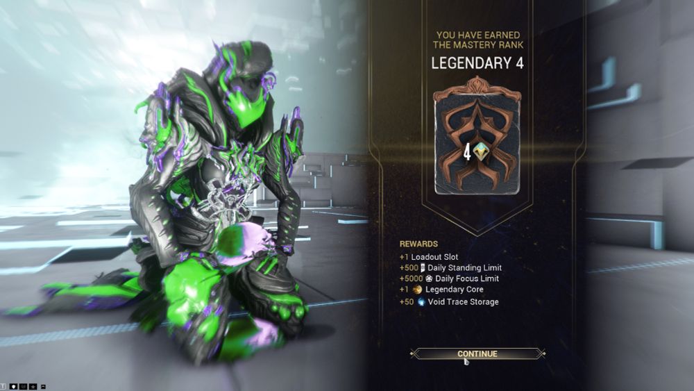 A screenshot of Warframe, a third person action shooter. The character in frame and to the left is a mix of bright green and iridescent purple accents on a black colored base, the form of a kneeling Saryn Prime. To the right is text saying "you have earned the mastery rank: Legendary 4" as well as a rewards scroll underneath saying I've earned +1 loadout slot, +500 daily standing, +5000 daily focus limit, a Legendary Core, and +50 Void Trace Storage.