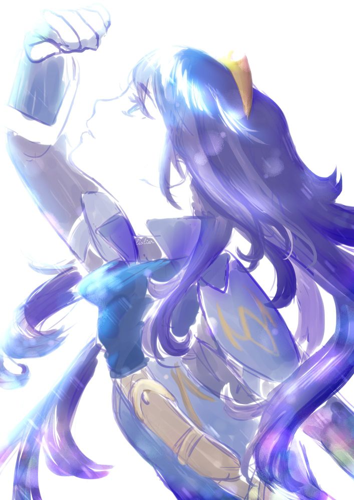 Lucina from fire emblem awakening looking up while blocking the radiant light of the sun with her right hand, which is held upwards.