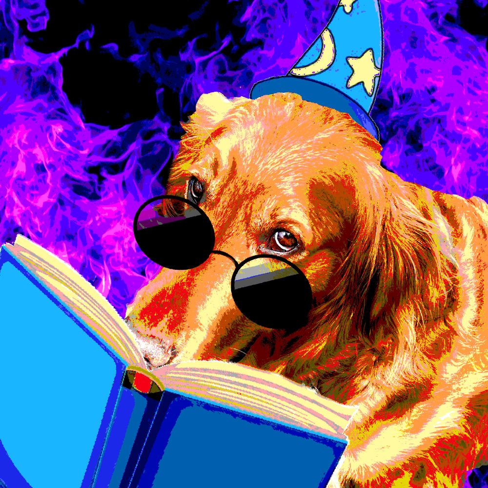 The Reading Renegades logo is a golden retriever with a snoot in the book, sideeyeing the viewer through dark round glasses wearing a tall blue wizard's cap with stars and moons patterned on it. The dog reads against a background of mystical purple flames