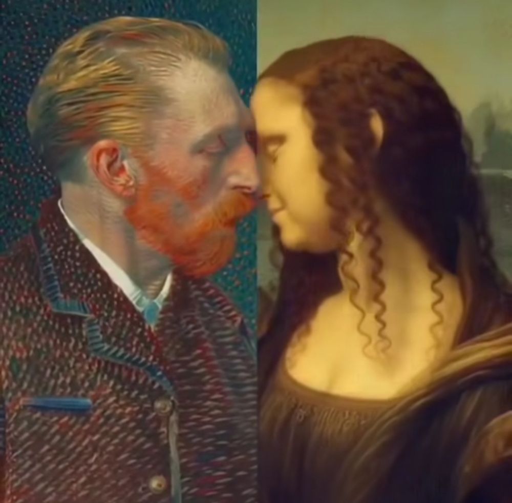 Screenshot of an AI video showing a self portrait of Van Gogh kiss the Mona Lisa.