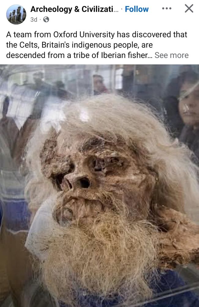 Screenshot of a Facebook post from an Archaeology page. The caption says "A team from Oxford University has discovered that the Celts, Britain's indigenous people are descended from a tribe of Iberian fishermen...".

Below is a photo of a mummified head with white hair and a wiry, white beard. It bears more than a passing resemblance to Richard Branson.