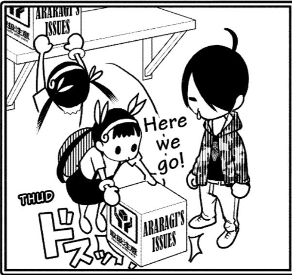 Araragi looks on despondently as Hachikuji pulls the "Araragi's Issues" box off of the shelf and says "Here we go!"