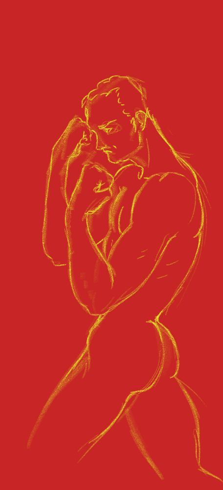 English: A line drawing in yellow over a red background, showing a man in a fighting stance, as though preparing to defend from punches.
Português: desenho de linha amarelo sobre fundo vermelho; um homem em pose de boxeador.