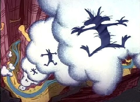 see from above, holes in clouds shaped like the silhouette of will e coyote, indicating that he fell down the canyon below