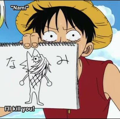 Luffy from One Piece holding up his drawing of Nami as a mermaid, with a fish top and human bottom.