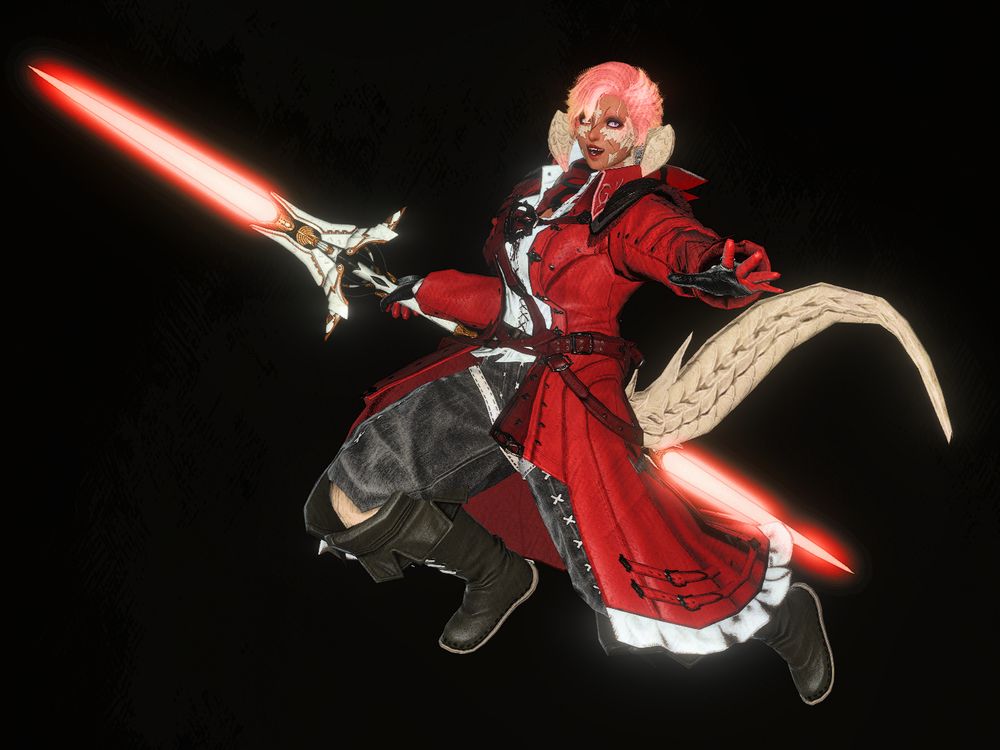 Strawber striking a pose, with her Twinfangs Eternal by her side.