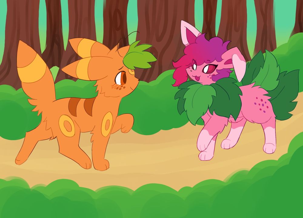 pumpkin the umbreon and berry the jolteon meeting each other for a nice afternoon in the forest together