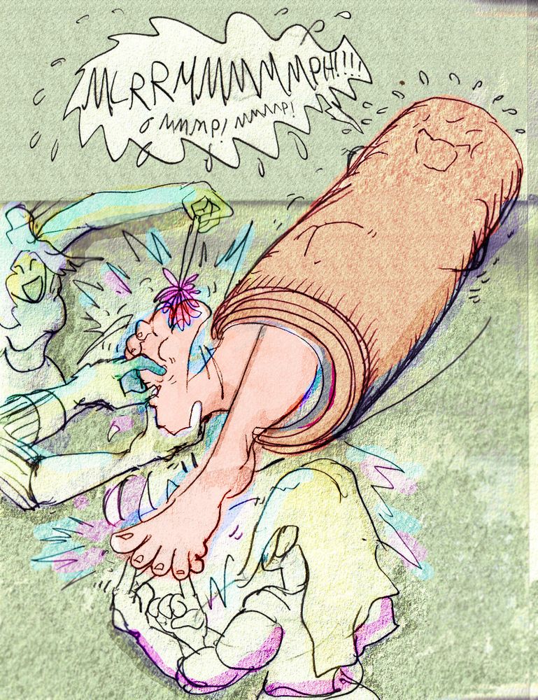 The short girl is now rolled up in the mat with her feet sticking out while the trio mercilessly tickle her feet.