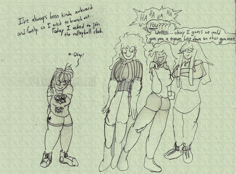A short girl timidly engaging some smirking tall girls. She asks to join their club and they appear to agree, telling her to lay down on a mat.