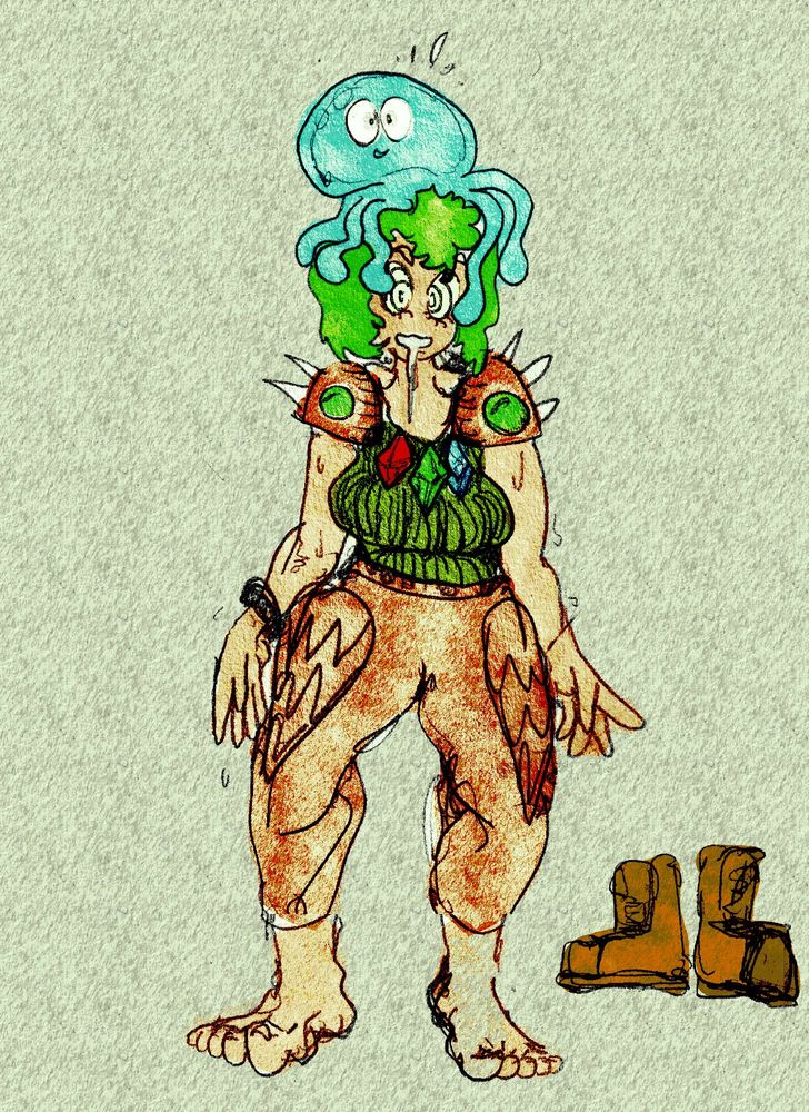 An adventurer with hypnotized eyes and a slime on her head has removed her shoes and stands still while drooling.