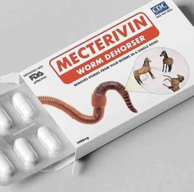 A box of pills: "Mecterivin, Worm dehorser. Removes horses from your worms in a single dose.