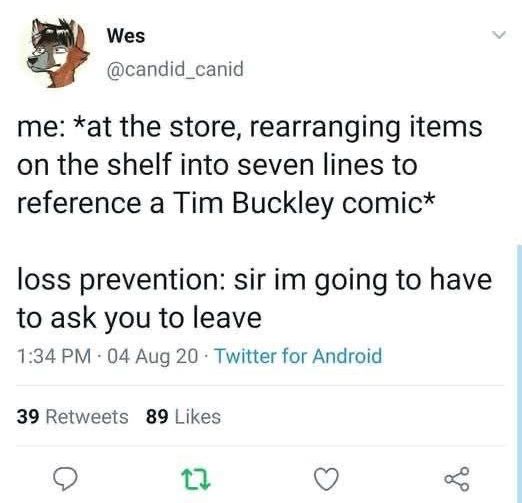 Wes (@candid_canid) on twitter: 

me: *at the store, rearranging items on the shelf into seven lines to reference a Tim Buckley comic* 

loss prevention: sir im going to have to ask you to leave