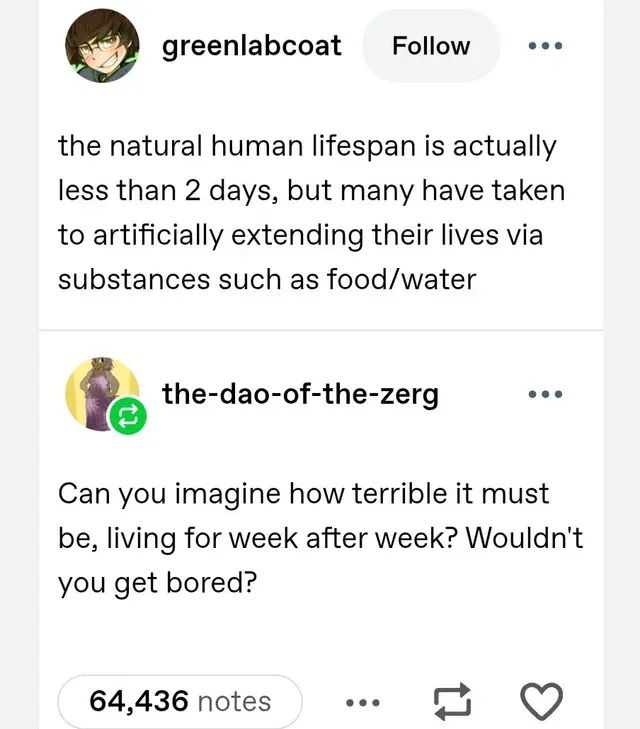 greenlabcoat on tumblr:
"the natural human lifespan is actually less than 2 days, but many have taken to artificially extending their lives via substances such as food/water"

the-dao-of-the-zerg replies:
"Can you imagine how terrible it must be, living for week after week? Wouldn't you get bored?"