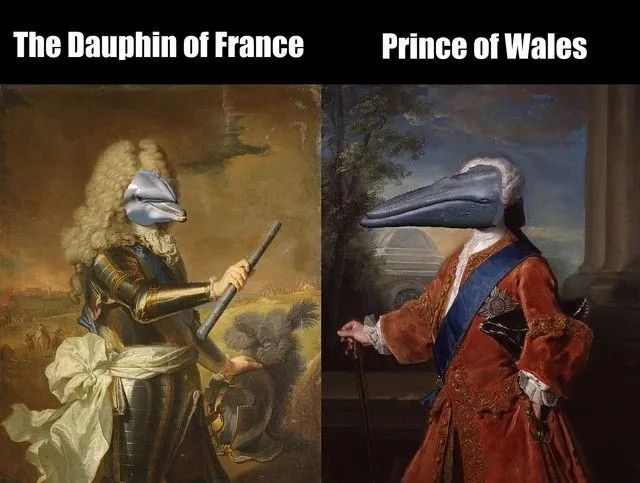 The Dauphin of France and the Prince of Wales: oil paintings with cetacean heads shopped over the human faces.