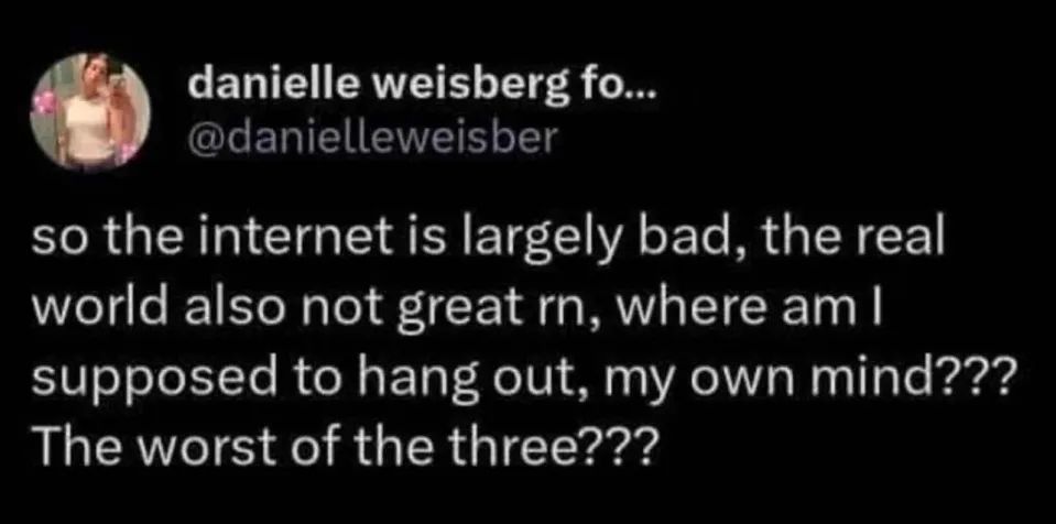 danielle weisberg (@danielleweisber) on twitter: "so the internet is largely bad, the real world also not great rn, where am I supposed to hang out, my own mind??? The worst of the three???"