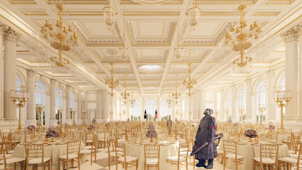 The Trump Ballroom, but there's the bolshevik soldier from "It Has Come to Pass" by Sergei Lukin, 1958 in the foreground. (https://i.redd.it/lmpm680brvac1.jpeg) In the original the soldier is staring at the splendor of the Tsar's throne room, now owned by a corpse.