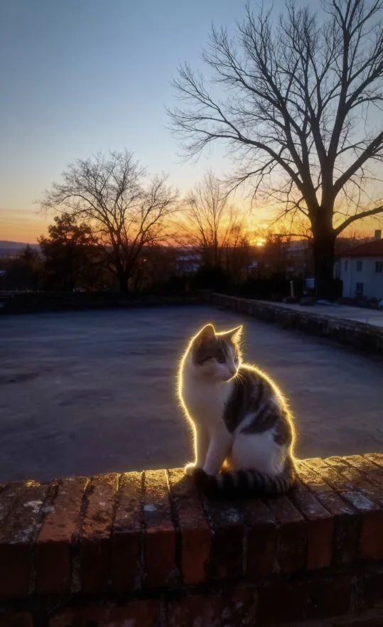 cat backlit by light of the setting sun, edged by golden light!