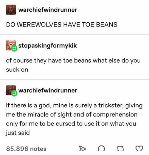 warchiefwindrunner DO WEREWOLVES HAVE TOE BEANS

stopaskingformykik of course they have toe beans what else do you suck on 

warchiefwindrunner if there is a god, mine is surely a trickster, giving me the miracle of sight and of comprehension only for me to be cursed to use it on what you just said