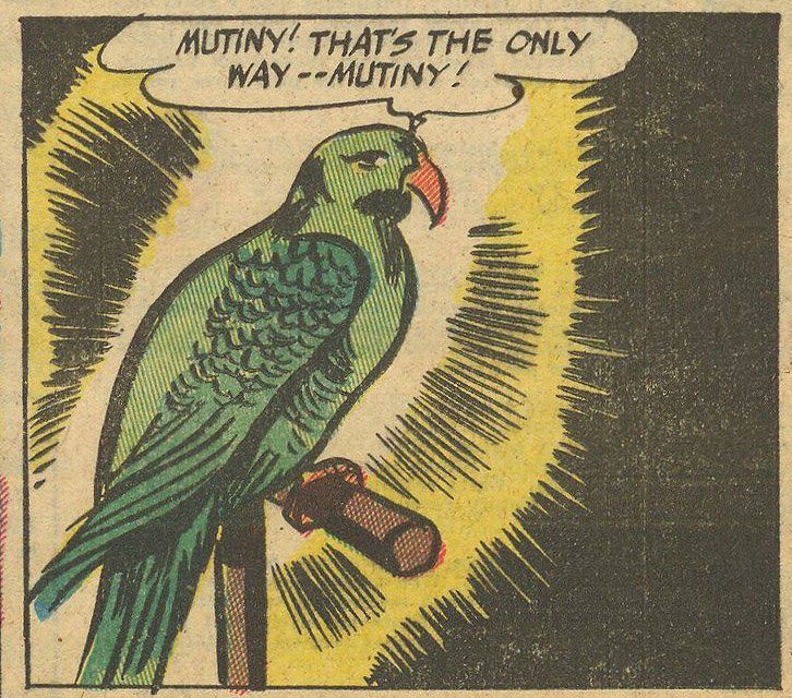 "Mutiny! That's the Only Way--Mutiny!" - a green parrot on a stand. cartoon panel.