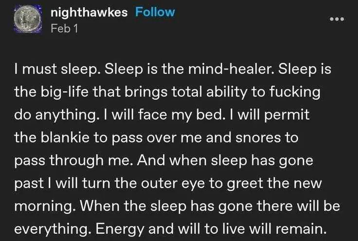 nighthawkes: "I must sleep. Sleep is the mind-healer. Sleep is the big-life that brings total ability to fucking do anything. I will face my bed. I will permit the blankie to pass over me and snores to pass through me. And when sleep has gone past I will turn the outer eye to greet the new morning. When the sleep has gone there will be everything. Energy and will to live will remain."