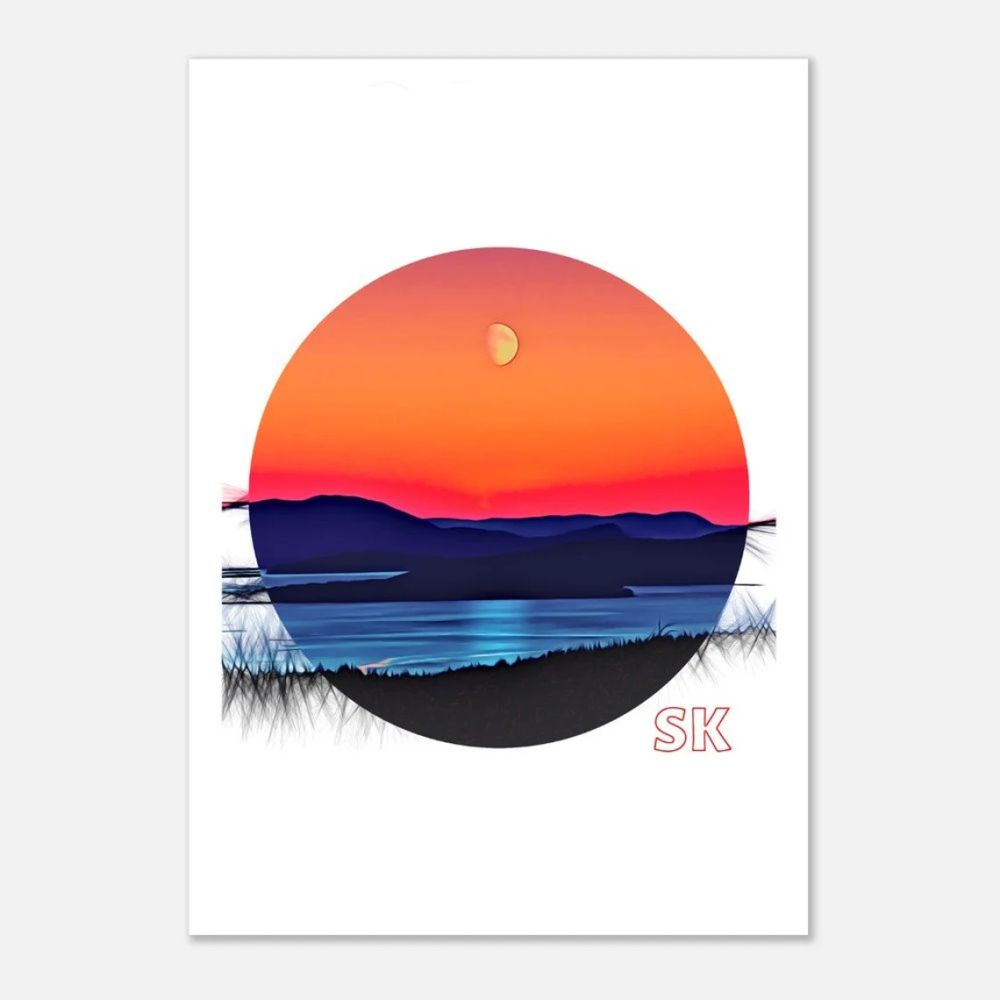 A riverscape with a half moon in an orange sky, in a circle, but with sketchy outlines sticking out.
