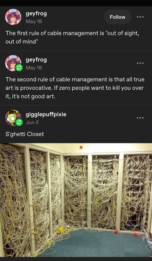 geyfrog on tumblr:

"The first rule of cable management is "out of sight, out of mind.""

"The second rule of cable management is that all true art is provocative. If zero people want to kill you over it, it's not good art."

gigglepuffpixie replies:

"S'ghetti Closet"

and posts an image of the worst looking server room I've seen in a long time.