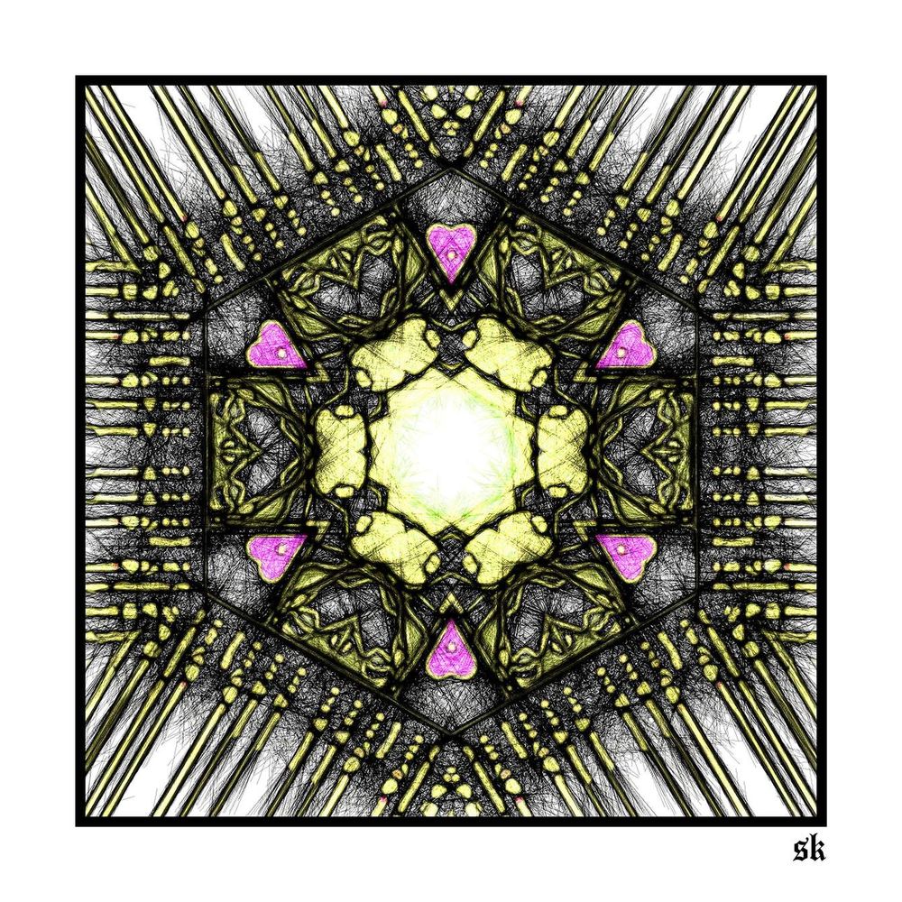 A hexagon in yellow and black with pink hearts spaced around the center.