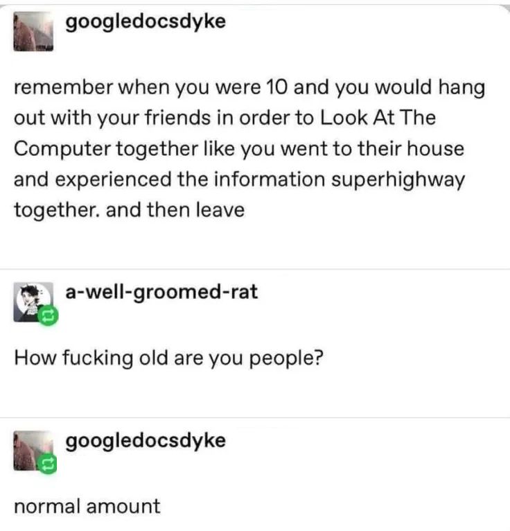 googledocsdyke on tumblr: "remember when you were 10 and you would hang out with your friends in order to Look At The Computer together like you went to their house and experienced the information superhighway together. and then leave"

a-well-groomed-rat: "How fucking old are you people?"

googledocsdyke: "normal amount"