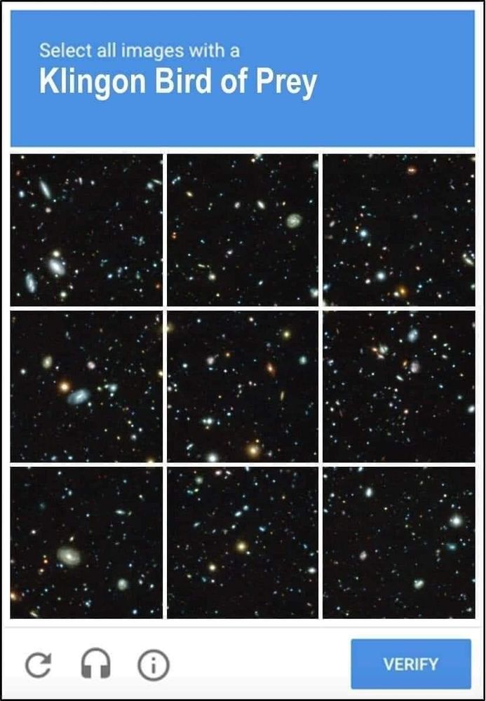 Captcha: "Select all images with a Klingon Bird of Prey"

All the squares contain black space and stars and galaxies.