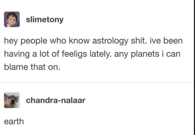 slimetony: "hey people who know astrology shit. ive been having a lot of feeligs lately. any planets i can blame that on." 

chandra-nalaar: "earth"