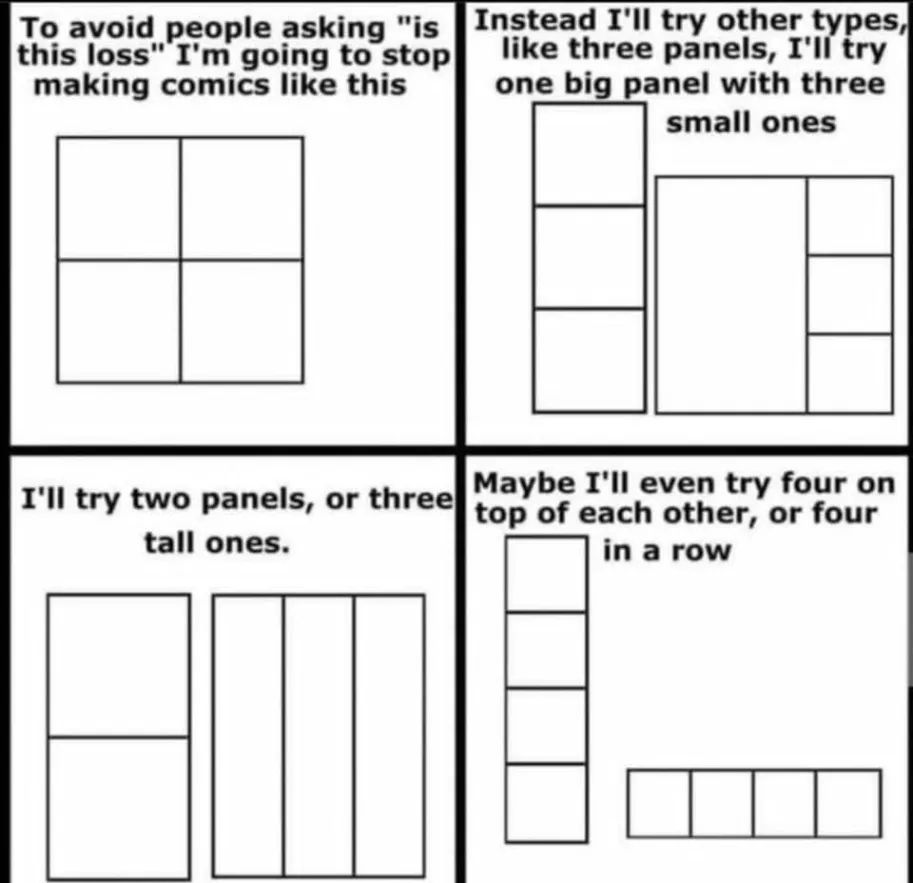 a) To avoid people asking "is this loss" I'm going to stop making comics like this (a 4 panel comic)
b) Instead I'll try other types like three panels, I'll try one big panel with three small ones
c) I'll try two panels, or three tall ones.
d) Maybe I'll even try four on top of each other, or four in a row...

(it is loss)
