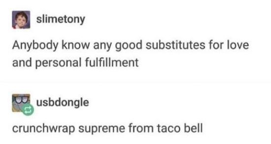 tumblr

slimetony
"Anybody know any good substitutes for love and personal fulfillment"
usbdongle
"crunchwrap supreme from taco bell"