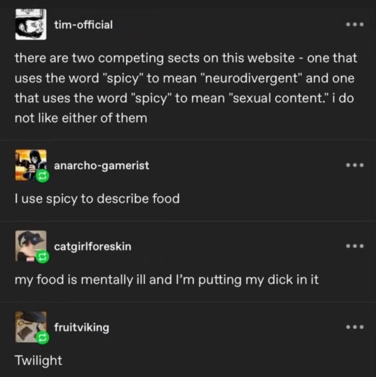 very tumblr:

tim-offcial: "there are two competing sects on this website - one that uses the word "spicy" to mean "neurodivergent" and one that uses the word "spicy" to mean "sexual content." i do not like either of them" 

anarcho-gamerist: "I use spicy to describe food" 

catgirlforeskin: "my food is mentally ill and I'm putting my dick in it"

fruitviking: "Twilight"