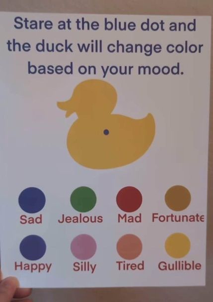 An image of a rubber ducky with a small blue dot on its side: "Stare at the blue dot and the duck will change color based on your mood."

Blue: sad,
Green: jealous
Red: mad
Ochre: fortunate
Purple: happy
Pink: silly
Orange: tired
Yellow: gullible