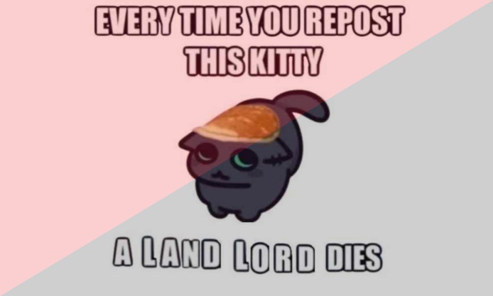 every time you repost this kitty a land lord dies

[a cartoon kitty with a pancake on its head on a desaturated anachist black and red flag.]