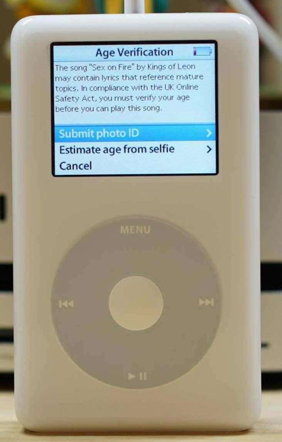 An iPod: 

"Age Verification

The song "Sex on Fire" by Kings of Leon may contain lyrics that reference mature topics. In compliance with the UK Safety Act, you must verify your age before you can play this song."
Submit photo ID
Estimate age from selfie
Cancel