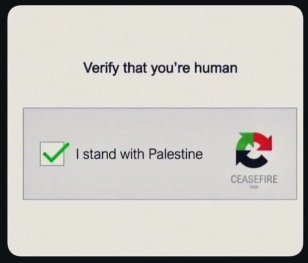A CAPCHA: "Verify that you're human"

Checkmark in the box next to "I stand with Palestine"

"Ceasefire Now" as the little logo.