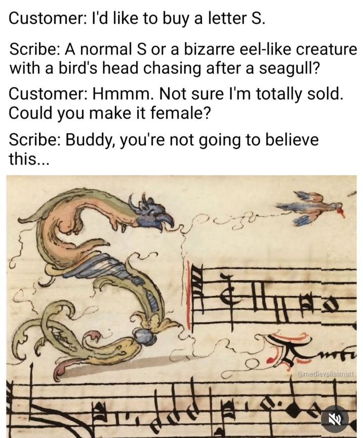 "Customer: I'd like to buy a letter S. 

Scribe: A normal S or a bizarre eel-like creature with a bird's head chasing after a seagull? 

Customer: Hmmm. Not sure I'm totally sold. Could you make it female? 

Scribe: Buddy, you're not going to believe this..."

[image of a Medieval musical manuscript featuring a bizarre eel-like creature with a bird's head chasing after a seagull, with her titties out.]