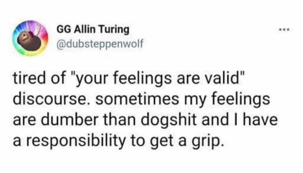 GG Allin Turing (@dubsteppenwolf) on twitter: "tired of "your feelings are valid" discourse. sometimes my feelings are dumber than dogshit and I have a responsibility to get a grip."