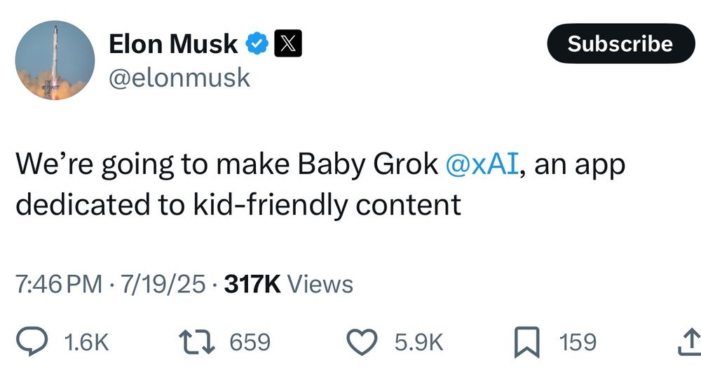 Musk announcing grok for kids on his trashfire site.