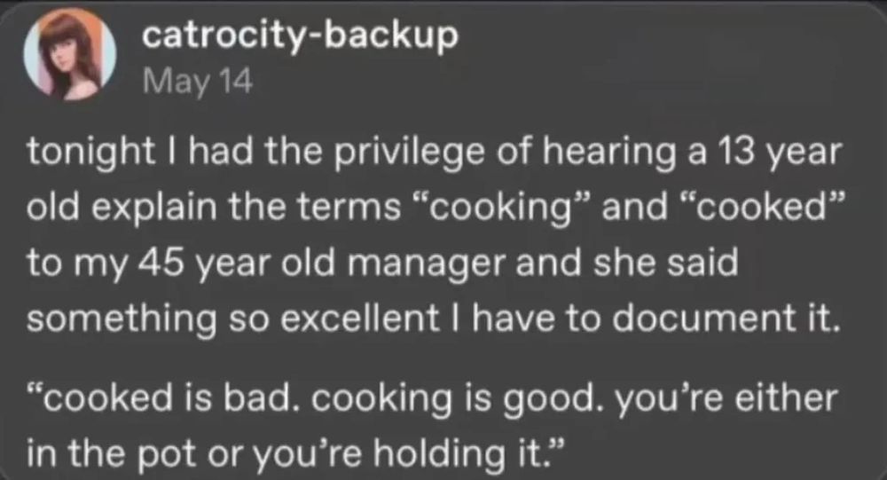 catrocity-backup on Tumblr posted: "tonight I had the privilege of hearing a 13 year old explain the terms "cooking" and "cooked" to my 45 year old manager and she said something so excellent I have to document it. 

"cooked is bad. cooking is good. you're either in the pot or you're holding it.""