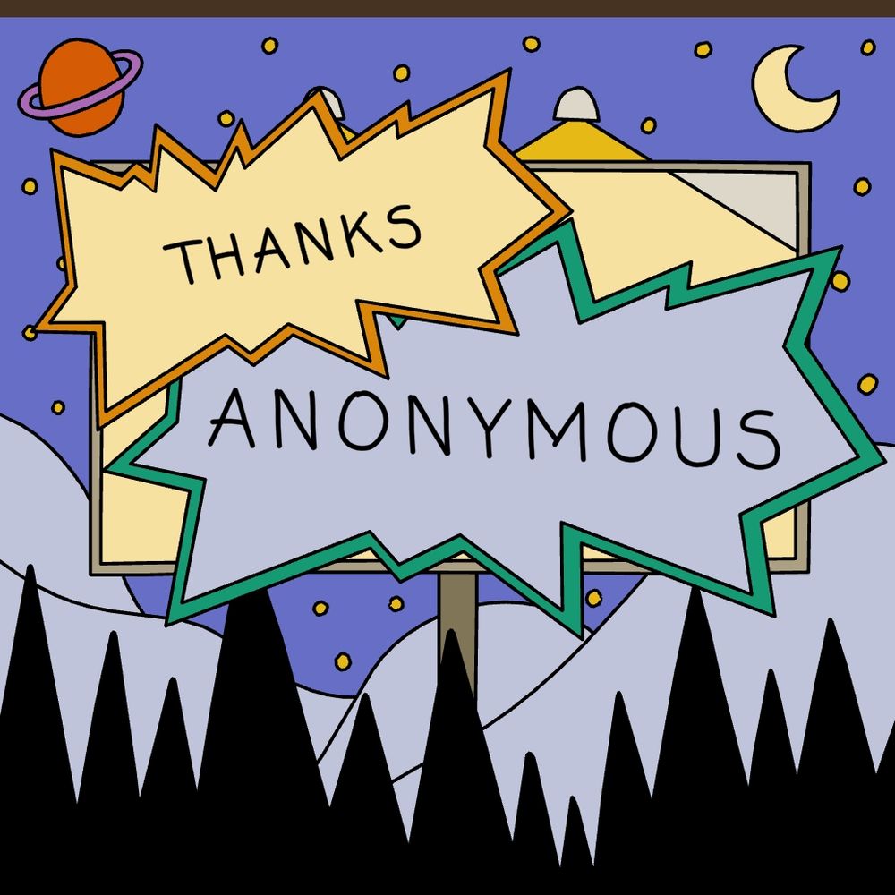 Gubbins postcard that reads "THANKS ANONYMOUS"