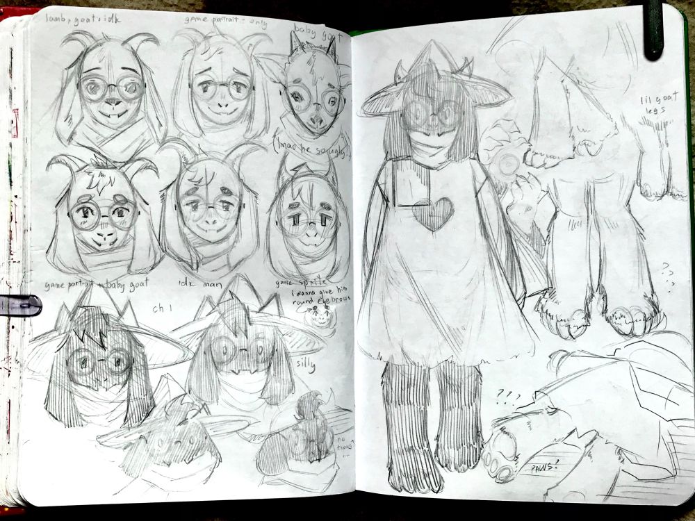 two pages of ralsei skethes. on the left page are face variants in somewhat different styles and on the right page are attempts to understand how ralsei’s paws work