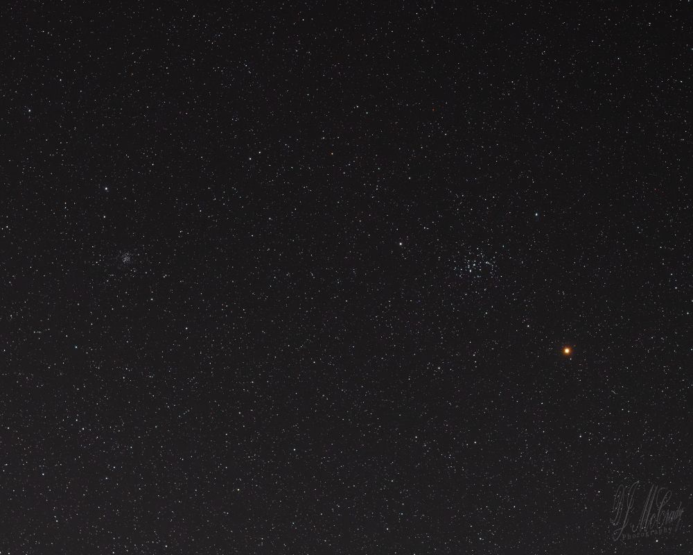 Open clusters M67 (left), M44 the Beehive (right), and Mars