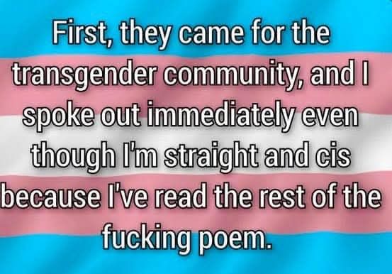 First, they came for the transgender community, and I spoke out immediately even though I'm straight and cis because I've read the rest of the fucking poem.