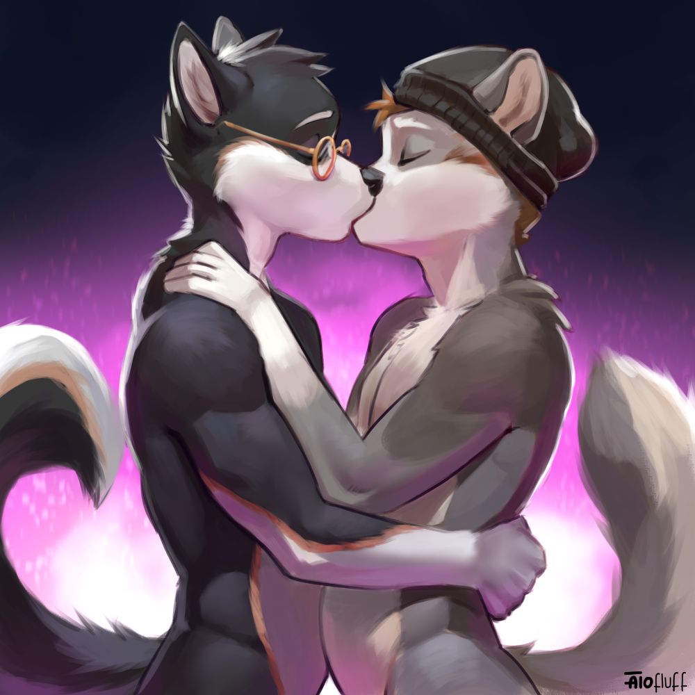 Waist up portrait of my boyfreind's sona Ollie (black shiba) kissing my sona Dexter (Swedish Valhund with black beanie) against a purple background