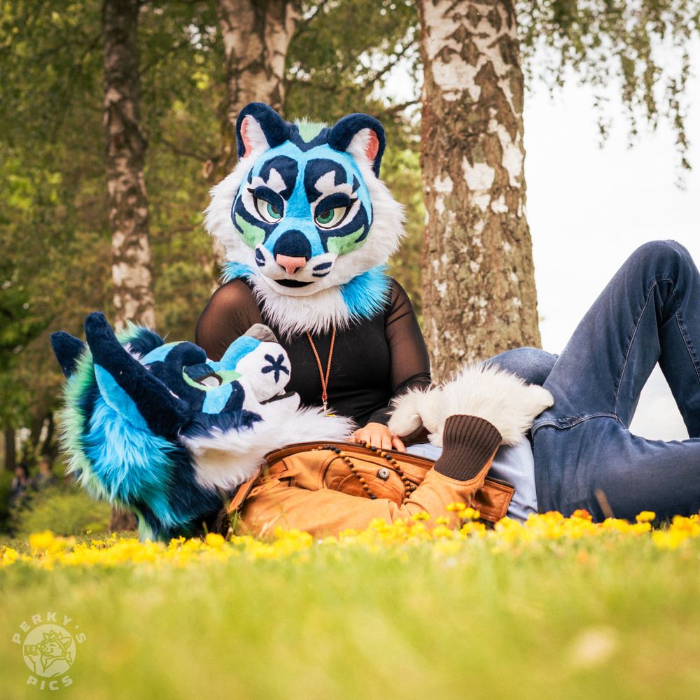 Dexter and Caraid in suit on a flowery patch of grass