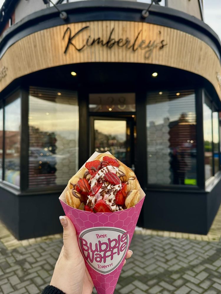 A bubble waffle and the outside of Kimberleys Desserts in St Annes on Sea
