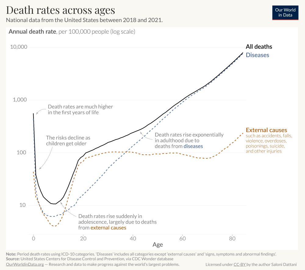 Age-specific mortality in the US, broken down by diseases and external causes, using data from the CDC Wonder between 2018 and 2021.
