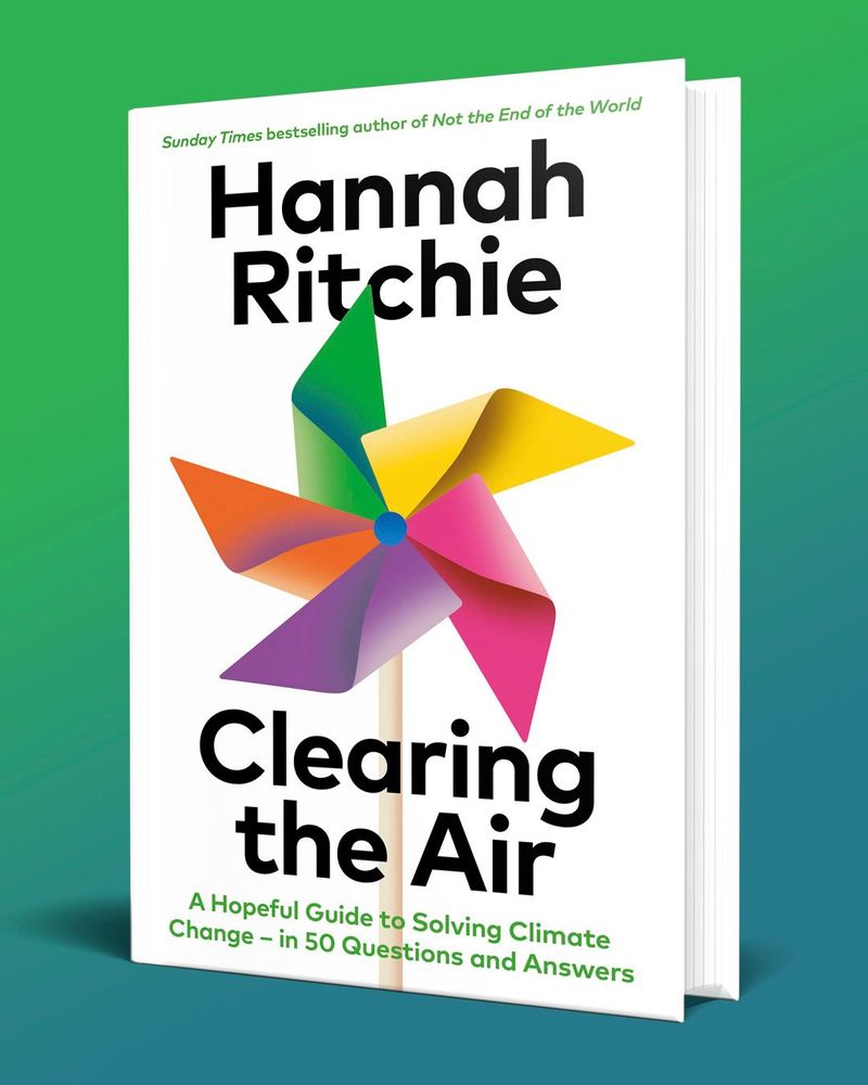An image of the cover of Hannah Ritchie's forthcoming book titled "Clearing the Air", about tackling climate change.